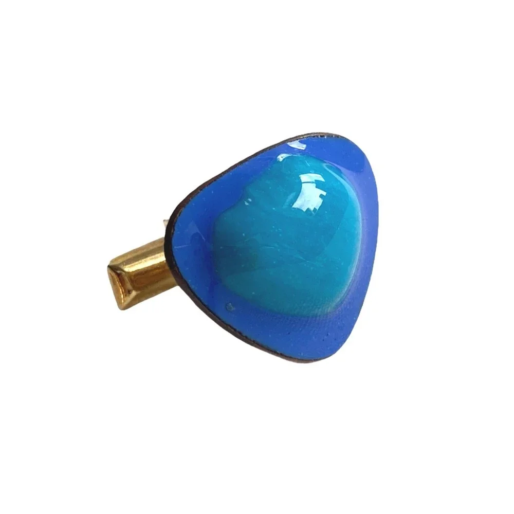 Blue Enamel Round Edges Triangular Shaped Sparkly Gold Tone Men's Cufflinks